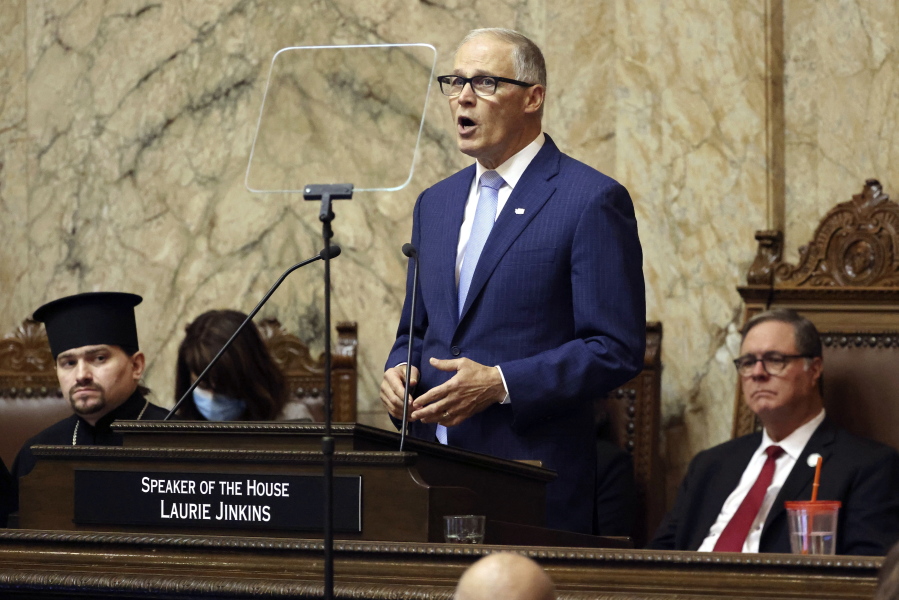 Washington Gov. Jay Inslee delivers his 2023 State of the State address at the Capitol in Olympia, Wash., on Tuesday, Jan. 10, 2023.