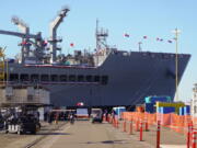 The USNS Earl Warren (T-AO 207) is seen on Saturday, Jan. 21, 2023 in San Diego, as she is christened by Supreme Court Justice Elena Kagan. (Nelvin C.