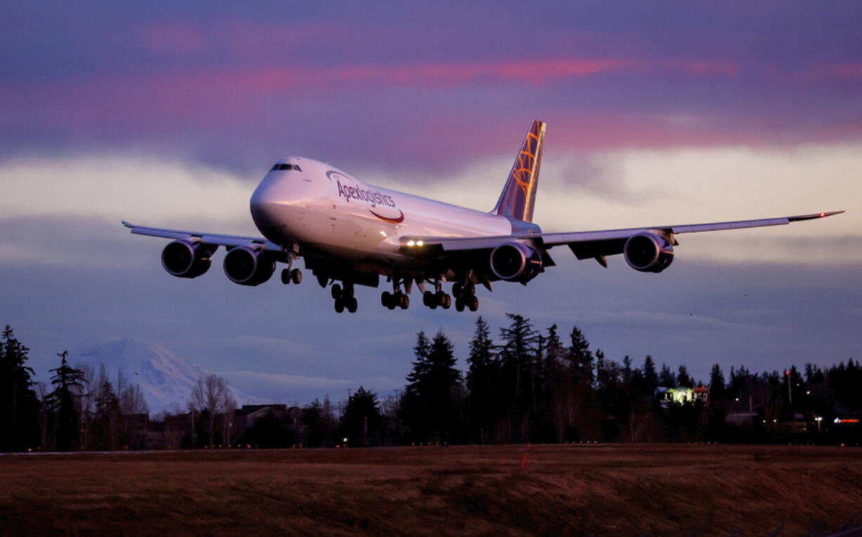 The final Boeing 747 lands at Paine Field following a test flight, Tuesday, Jan. 10, 2023, in Everett, Wash. Boeing bids farewell to an icon on Tuesday, Jan. 31, 2023, when it delivers the jumbo jet to cargo carrier Atlas Air. Since it debuted in 1969, the 747 has served as a cargo plane, a commercial aircraft capable of carrying nearly 500 passengers, and the Air Force One presidential aircraft, but it has been rendered obsolete by more profitable and fuel-efficient models.