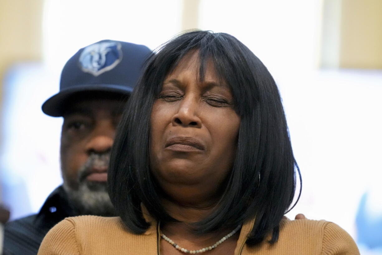FILE - RowVaughn Wells, mother of Tyre Nichols, who died after being beaten by Memphis police officers, is comforted by Tyre's stepfather Rodney Wells, at a news conference with civil rights Attorney Ben Crump in Memphis, Tenn., Jan. 27, 2023. The parents of Tyre Nichols will attend President Joe Biden's State of the Union address next week.