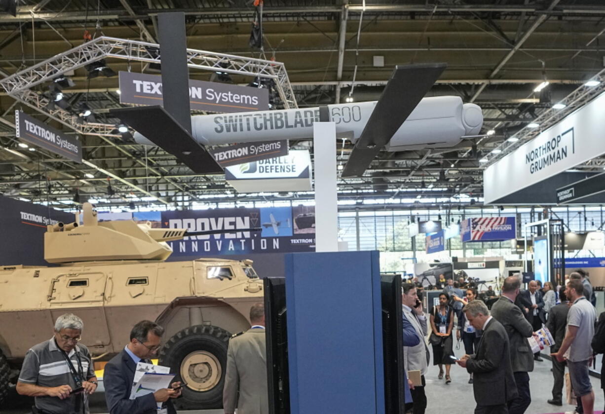 FILE - A Switchblade 600 loitering missile drone manufactured by AeroVironment is displayed at the Eurosatory arms show in Villepinte, north of Paris, on June 14, 2022. Drone advances in Ukraine have accelerated a long-anticipated technology trend that could soon bring the world's first fully autonomous fighting robots to the battlefield, inaugurating a new age of warfare.