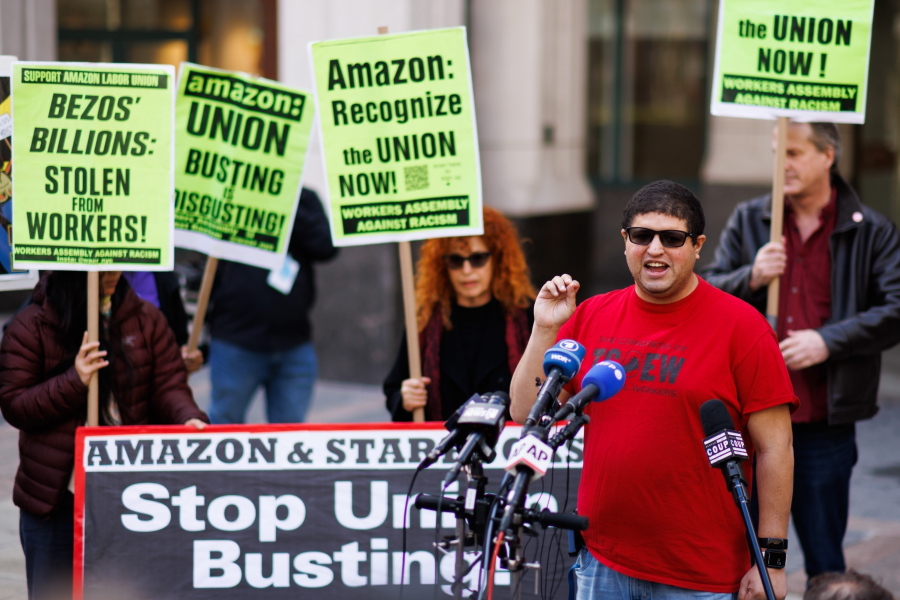 FILE - Amazon JFK8 distribution center union organizer Jason Anthony speaks to media, April 1, 2022, in the Brooklyn borough of New York. The U.S. union membership rate reached an all-time low in 2022, despite high-profile unionization campaigns at Starbucks, Amazon and other companies.