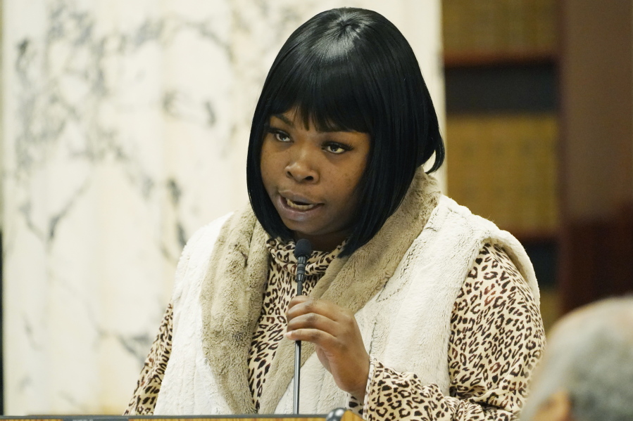 File - Brandy Nichols, a single mother of four children who are 8 and younger, speaks to members of the Mississippi House and Senate Democratic Caucuses, about the difficulty of obtaining Temporary Assistance for Needy Families (TANF) funds in Mississippi, Oct. 18, 2022, in Jackson. Funds from the program designed to help low-income families with children achieve economic self-sufficiency, were misspent and lawmakers are seeking to gain a better understanding of the welfare scandal. (AP Photo/Rogelio V.