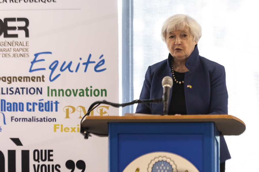 U.S. Treasury Secretary Janet Yellen delivers a speech to the General Delegation for Rapid Entrepreneurship of Women and Youth in Dakar, Senegal, Friday Jan. 20, 2023. The Biden administration's big push to engage more with Africa is underway as Yellen begins a 10-day visit aimed at promoting all the economic possibilities that lie between the U.S. and the world's second-largest continent.
