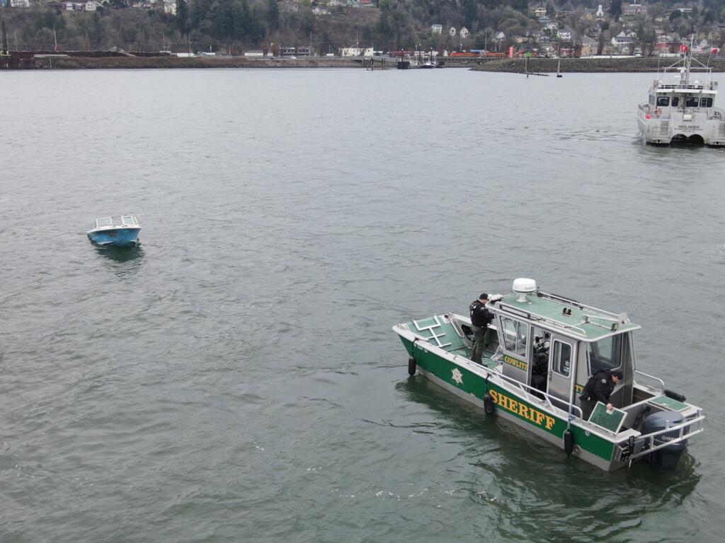 The Cowlitz County Sheriff's Office Marine Patrol, with assistance from the Army Corps of Engineers, responded to a report of a boat taking on water in the shipping channel of the Columbia River near Kalama this morning.  The boat was not occupied and was eventually towed out of the channel and secured.