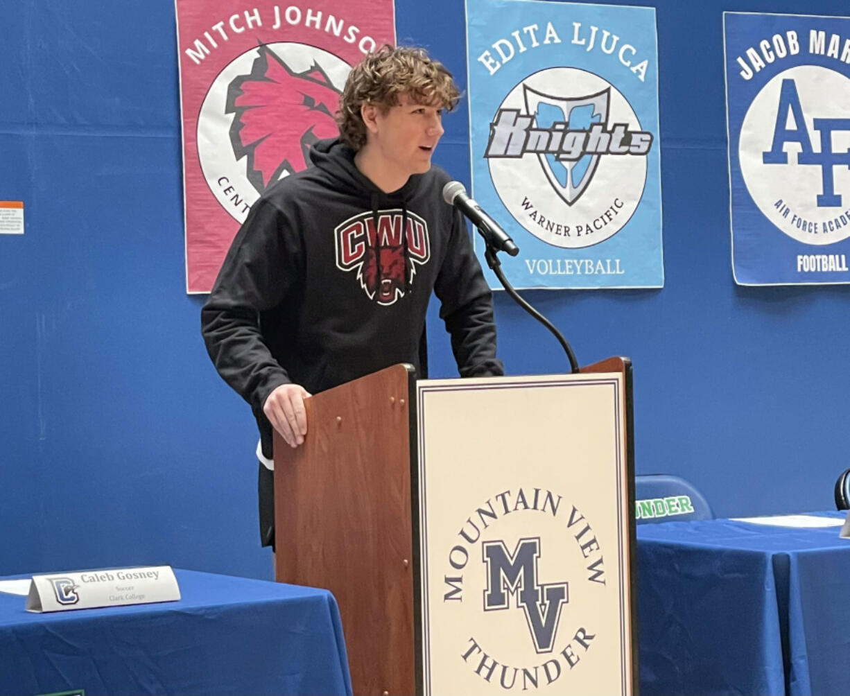 Mountain View senior Mitch Johnson, a Central Washington University football signee, addresses the crowd during the school?s National Signing Day ceremony on Wednesday, Feb. 1, 2023, at Mountain View High School.