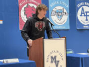 Mountain View senior Mitch Johnson, a Central Washington University football signee, addresses the crowd during the school?s National Signing Day ceremony on Wednesday, Feb. 1, 2023, at Mountain View High School.