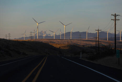 Wind turbines on a hill near Ellensburg on November 19. Washington's electricity needs are expected to double by 2050.