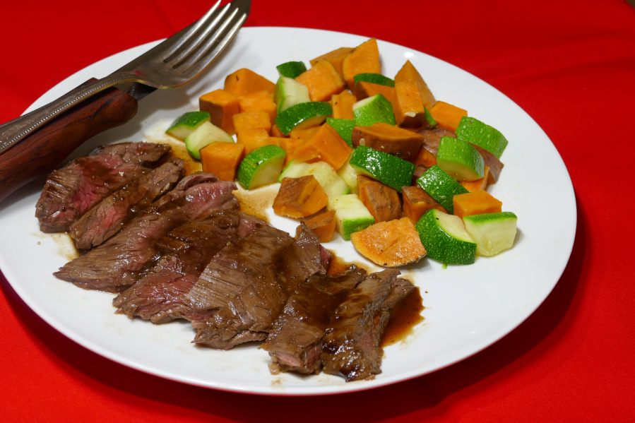 Glazed Steak with Sweet Potatoes and Zucchini.