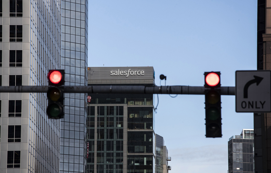 A Salesforce building is shown in downtown Bellevue, Washington, Sunday, Dec. 12, 2021.