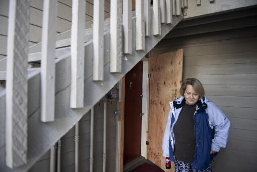 More than three months after a fire at Fox Pointe apartments, resident Wilma Pomeroy's one-bedroom unit still has no electricity or hot water. Plywood was put over her front door after firefighters kicked it in.