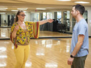 Instructor Dani Synarski, lefts, directs Jesse Braman during their dance practice at LA Fitness in Hazel Dell. Braman is among the "local stars" who will compete at ilani on March 4 in the Rotary Club of Three Creeks' community fundraiser Dancing with the Local Stars.