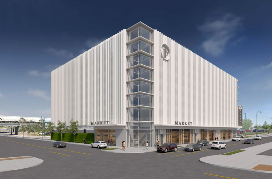 An artist's rendering shows an eight-story, 829-space parking garage planned at The Waterfront Vancouver development. The garage will also include 10,500 square feet of retail space and 83 parking spaces allocated for electric vehicle charging stations.