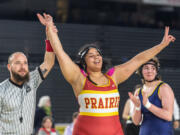 Prairie’s Faith Tarrant, 235 pounds, holds up the two fingers after winning her second title over Everett’s Mia Cienega at Mat Classic XXXIV on Saturday, February 18, 2023, at the Tacoma Dome.