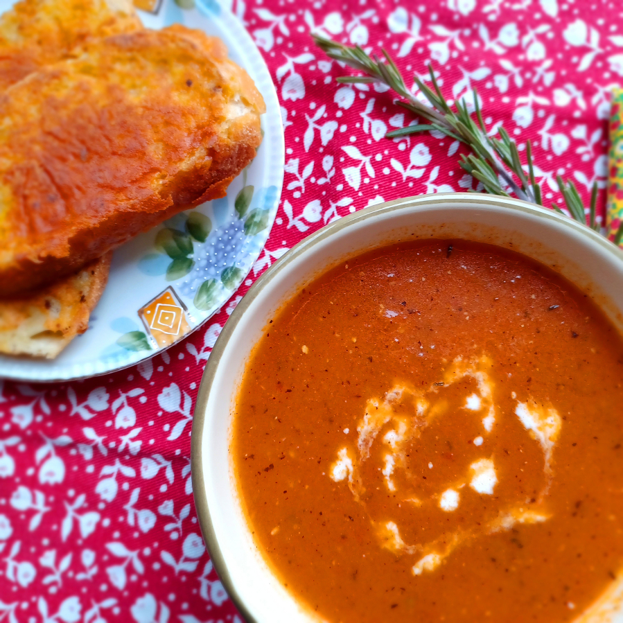 Homemade tomato soup and cheesy toast will warm you up inside.