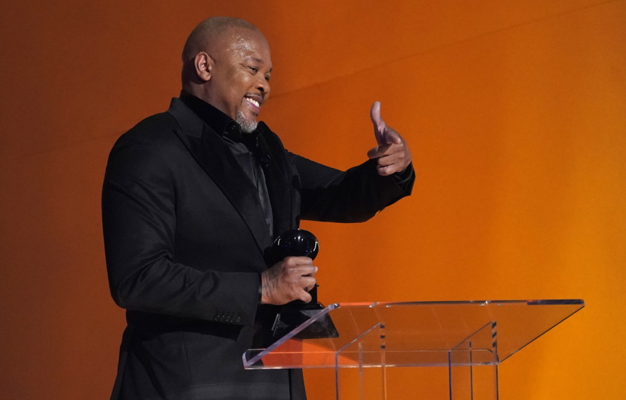 Dr. Dre accepts the dr. dre global impact award at the 65th annual Grammy Awards on Sunday, Feb. 5, 2023, in Los Angeles.