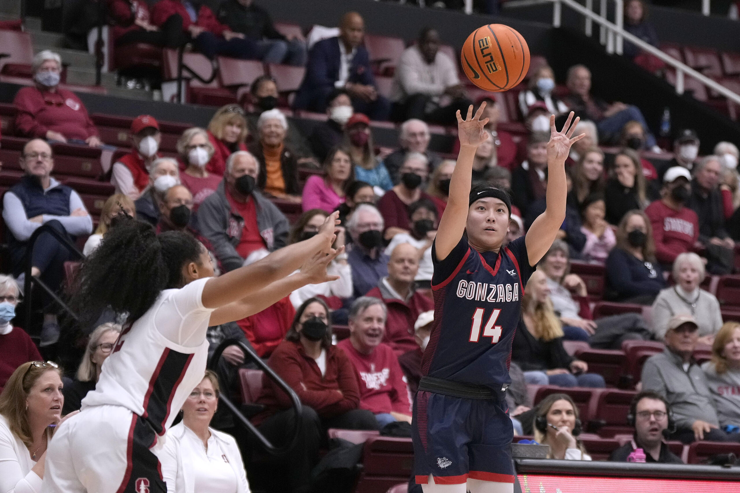 Gonzaga guard Kaylynne Truong (14) scored 20 points to lead the Bulldogs to a 63-53 win over Portland on Saturday.