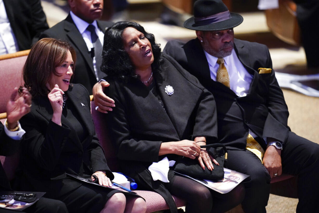 Vice President Kamala Harris sits with RowVaughn Wells and Rodney Wells during the funeral service for Wells' son, Tyre Nichols, at Mississippi Boulevard Christian Church in Memphis, Tenn., on Wednesday, Feb. 1, 2023.