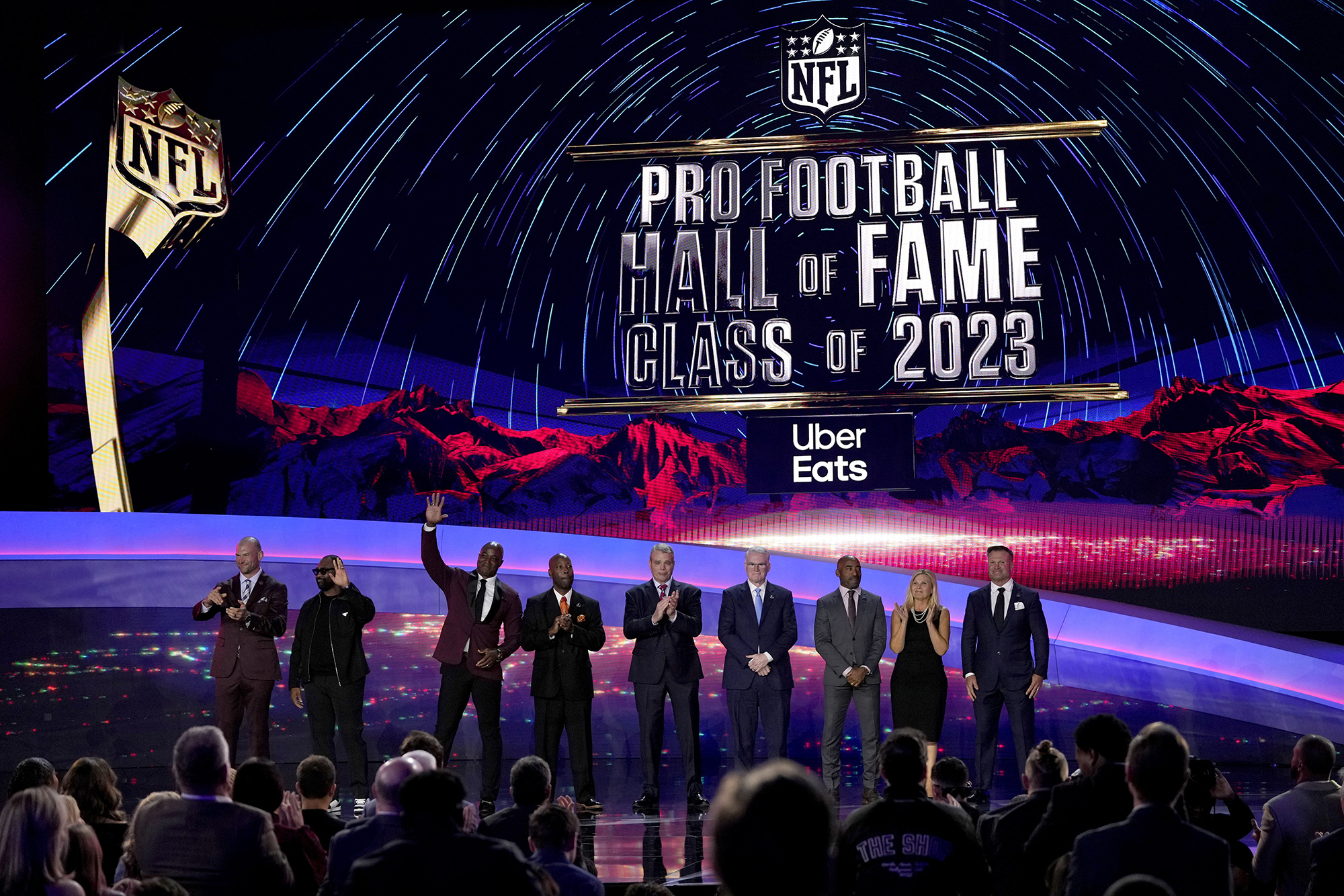The Pro football Hall of Fame class of 2023 poses during the NFL Honors award show ahead of the Super Bowl 57 football game,Thursday, Feb. 9, 2023, in Phoenix. (AP Photo/David J.
