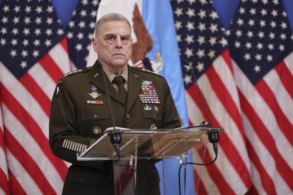 U.S. Joint Chiefs Chairman Gen. Mark Milley speaks during a media conference after a meeting of NATO defense ministers at NATO headquarters in Brussels, Tuesday, Feb. 14, 2023.