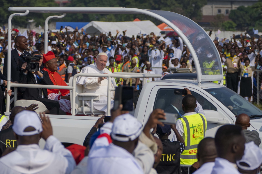 Pope Francis arrives at Ndolo airport to celebrate Holy Mass, in Kinshasa, Congo, Wednesday Feb. 1, 2023. Francis is in Congo and South Sudan for a six-day trip, hoping to bring comfort and encouragement to two countries that have been riven by poverty, conflicts and what he calls a "colonialist mentality" that has exploited Africa for centuries.