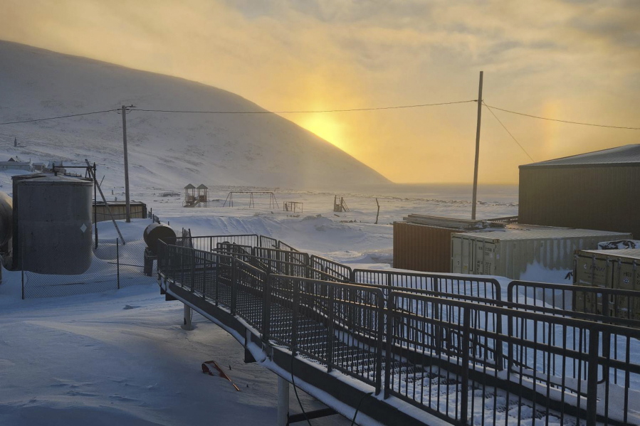 A walkway leading into the school in Wales, Alaska, where a 24-year-old woman and her 1-year-old son were killed in an encounter with a polar bear Jan. 17. The polar bear was likely an older bear in poor body condition, but officials say tests were negative for pathogens that affect the brain and cause aggressive behavior.