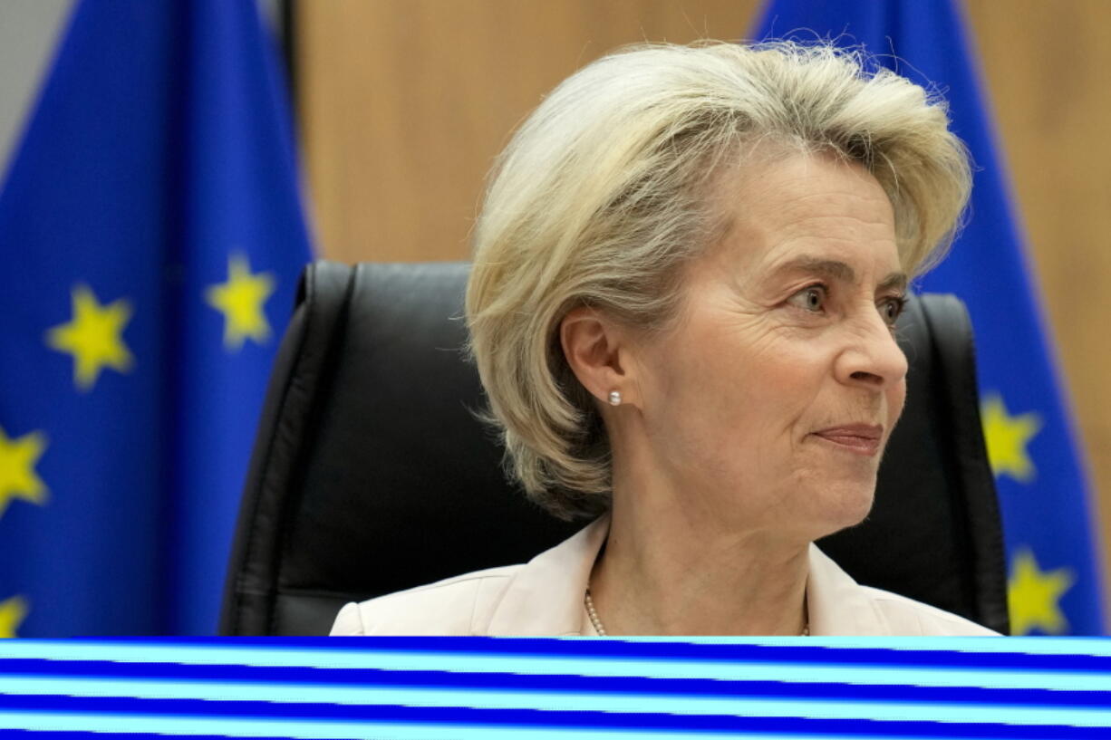 European Commission President Ursula von der Leyen waits for the start of the weekly college of commissioners meeting at EU headquarters in Brussels on Wednesday, Jan. 25, 2023.