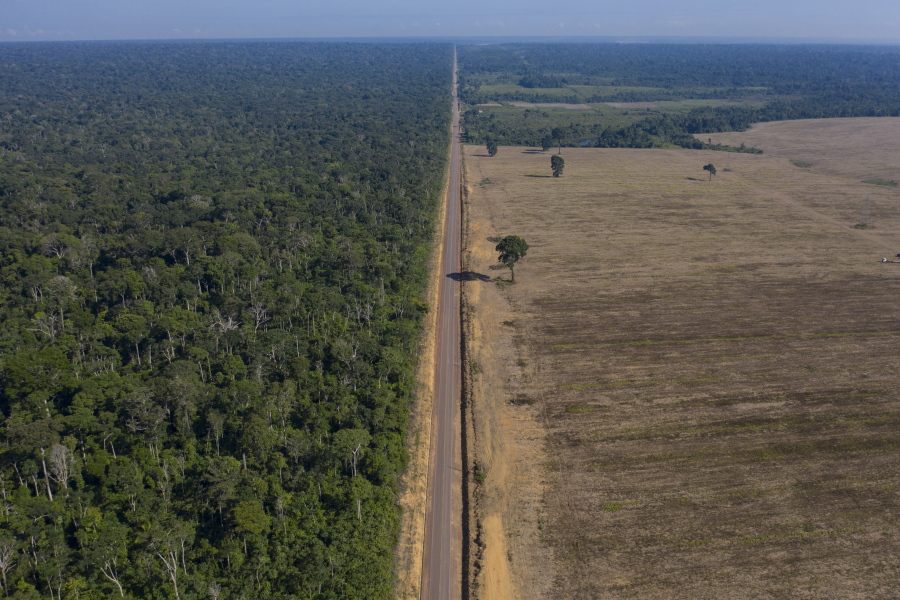 FILE - Highway BR-163 stretches between the Tapajos National Forest, left, and a soy field in Belterra, Para state, Brazil on Nov. 25, 2019. Highway BR-163, built during the military dictatorship in the 1970s, connects areas of strong support for former President Jair Bolsonaro, who lost October's election.
