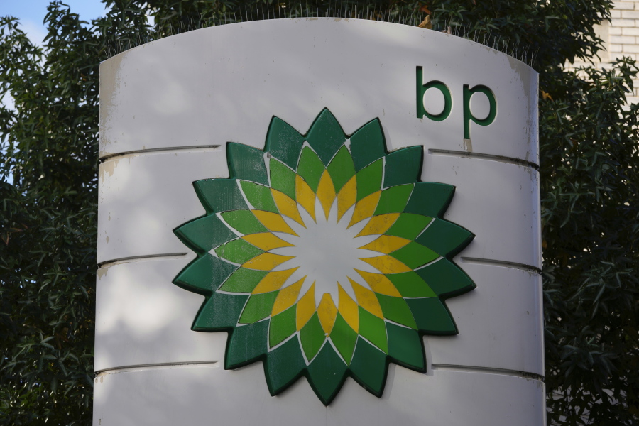 FILE - A logo of BP is seen at a gas station in London, on Nov. 1, 2022. British energy company BP reported record annual earnings on Tuesday, Feb. 7, 2023 amid growing calls for the U.K. government to boost taxes on companies profiting from the high price of oil and natural gas after Russia's invasion of Ukraine.