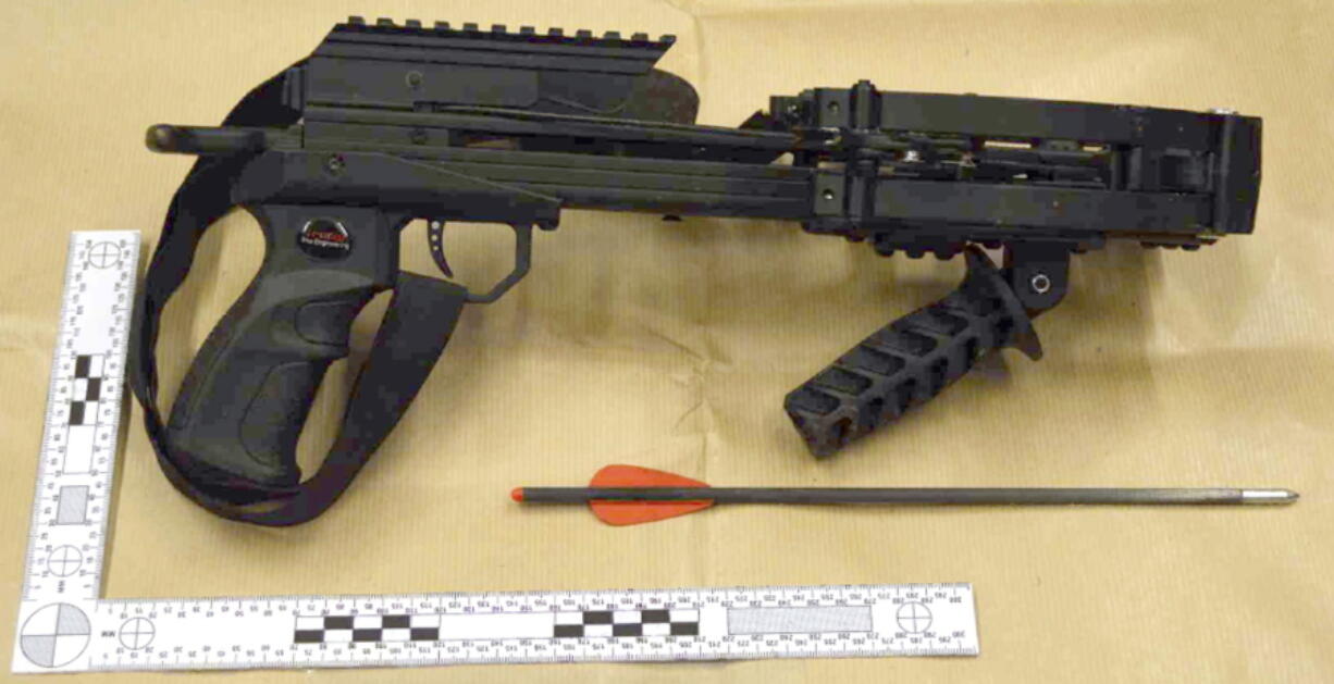 This undated photo released by the Crown Prosecution Service on Friday Feb. 3, 2023, shows a crossbow which Jaswant Singh Chail, 21, was carrying when arrested, after being caught in the grounds of Windsor Castle. Chail pleaded guilty to treason on Friday for planning to attack Queen Elizabeth II.