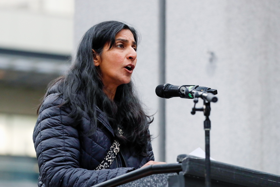 FILE - Councilmember Kshama Sawant speaks at a rally at Westlake Park in Seattle, Tuesday, May 3, 2022, in response to the news that the U.S. Supreme Court could be poised to overturn the landmark Roe v. Wade case that legalized abortion nationwide. One of Sawant's earliest memories of the caste system was hearing her grandfather - a man she "otherwise loved very much" - utter a slur to summon their lower-caste maid. Now an elected official in a city thousands of miles from India, she has proposed an ordinance to add caste to Seattle's anti-discrimination laws.