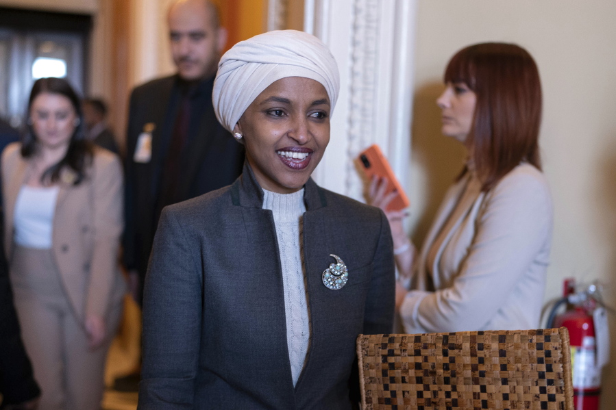 Rep. Ilhan Omar, D-Minn., leaves the House chamber at the Capitol in Washington, Thursday, Feb. 2, 2023. House Republicans have voted to oust Omar from the House Foreign Affairs Committee. The vote in a raucous session on Thursday to remove the Somali-born Muslim lawmaker came after her past comments critical of Israel.