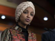 FILE - Rep. Ilhan Omar, D-Minn., speaks during a news conference on Capitol Hill in Washington, Jan. 25, 2023, in Washington.
