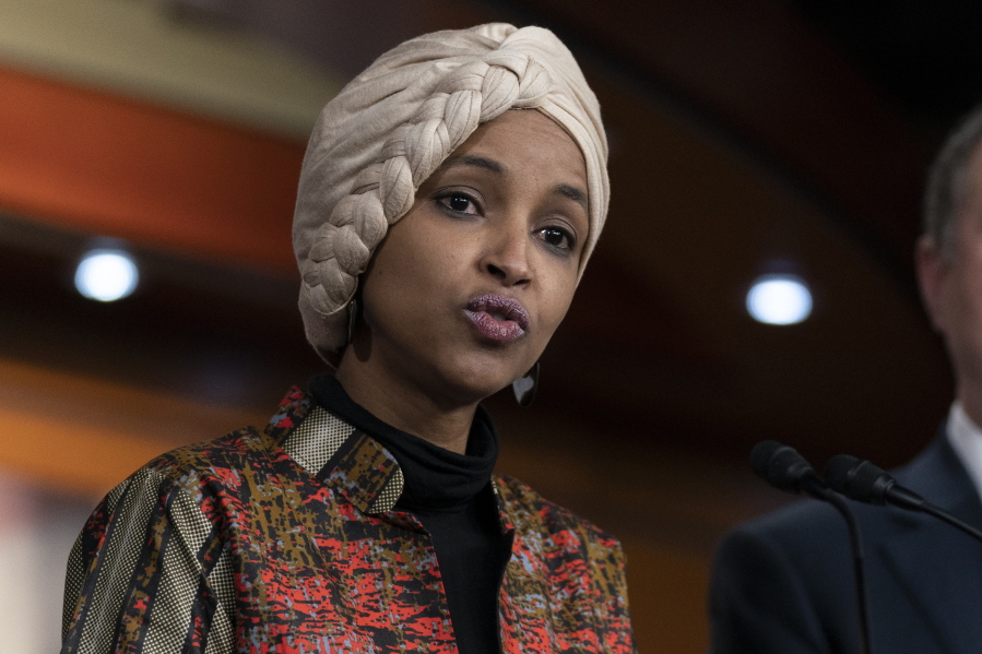 FILE - Rep. Ilhan Omar, D-Minn., speaks during a news conference on Capitol Hill in Washington, Jan. 25, 2023, in Washington.