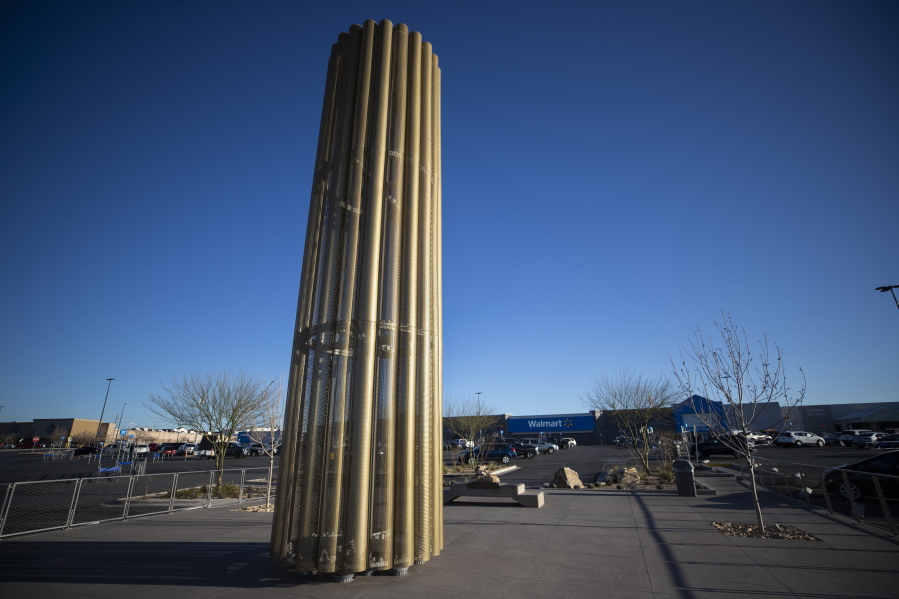 A towering memorial, in the form of a giant candle, to the victims of the August 2019 mass shooting in El Paso, Texas, is pictured on Wednesday, Feb. 8, 2023. Patrick Crusius, the defendant in the deaths of 23 people at an El Paso Walmart is expected to plead guilty during a re-arraignment hearing in federal court.