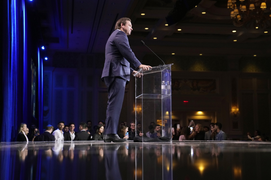 FILE - Florida Gov. Ron DeSantis speaks at an annual leadership meeting of the Republican Jewish Coalition, Nov. 19, 2022, in Las Vegas.  DeSantis has emerged as a political star early in the 2024 presidential election season even as he ignores many conventions of modern politics.
