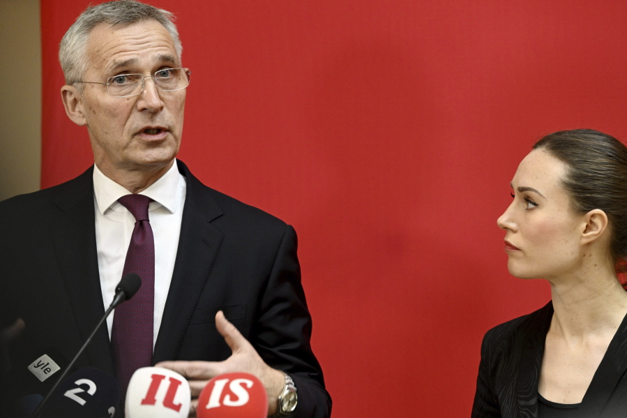 NATO Secretary General Jens Stoltenberg, left, and Finnish Prime Minister Sanna Marin meet the press before SAMAK's annual meeting in Helsinki, Finland, Tuesday, Feb. 28, 2023. SAMAK is the Cooperation Committee of the Nordic Social Democratic parties and trade union LOs.