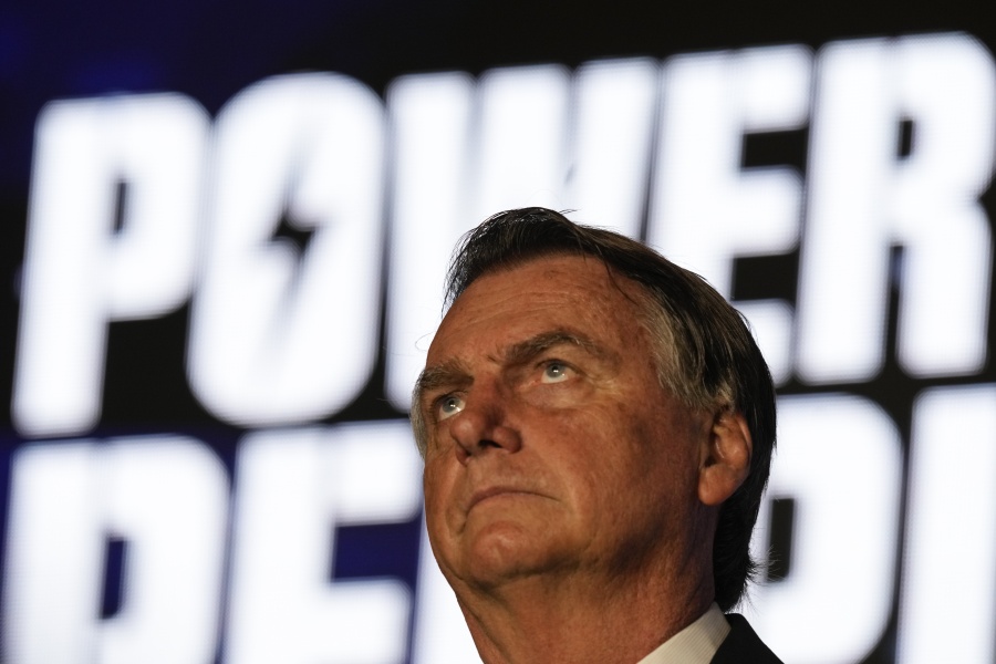 Brazil's right wing former President Jair Bolsonaro speaks at an event hosted by conservative group Turning Point USA, at Trump National Doral Miami, Friday, Feb. 3, 2023, in Doral, Fla.