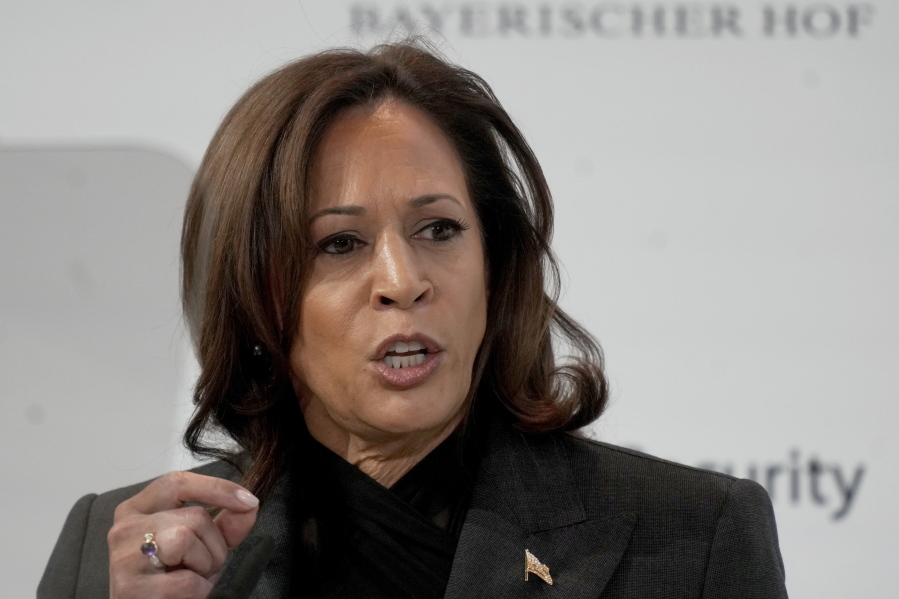 Vice President of the United States Kamala Harris speaks at the Munich Security Conference in Munich, Saturday, Feb. 18, 2023. The 59th Munich Security Conference (MSC) is taking place from Feb. 17 to Feb. 19, 2023 at the Bayerischer Hof Hotel in Munich.