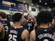 Gonzaga Bulldogs forward Drew Timme (2) celebrates after a 97-88 win over Pepperdine Waves in an NCAA college basketball game in Malibu, Saturday, Feb. 18, 2023.