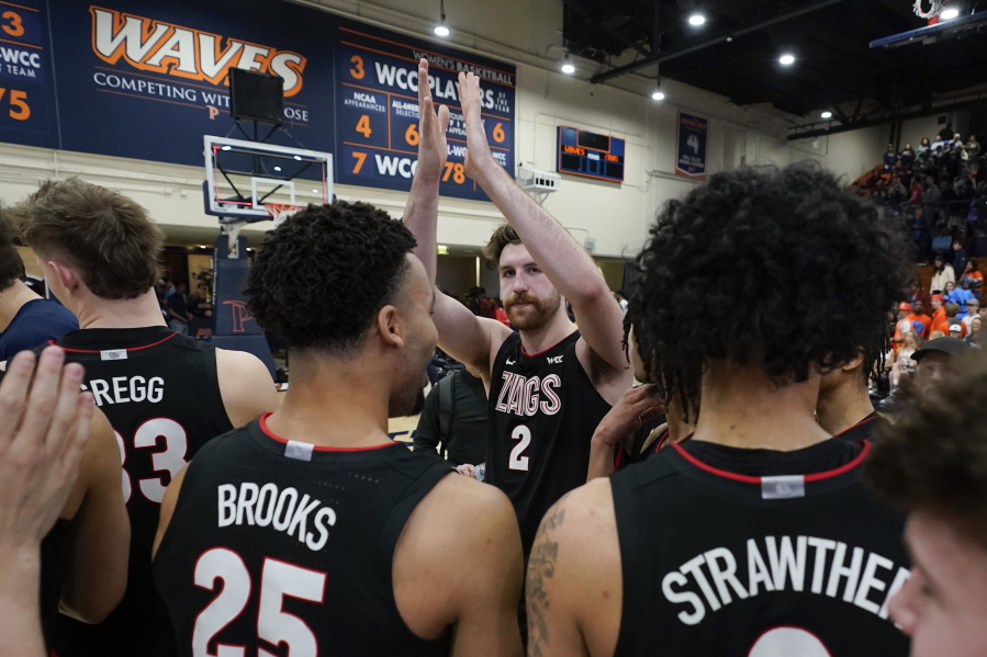 Gonzaga Bulldogs forward Drew Timme (2) celebrates after a 97-88 win over Pepperdine Waves in an NCAA college basketball game in Malibu, Saturday, Feb. 18, 2023.