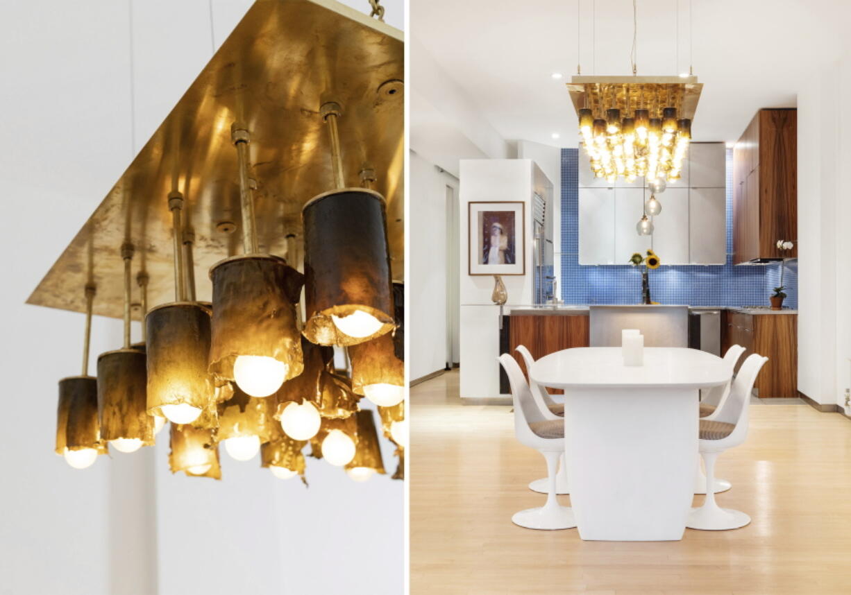 This combination of photos released by NEA Studio shows a chandelier made from dried algae from designer Nina Edwards Ankers. Ankers is one of many designers in decor and fashion who are thinking beyond traditional materials. They're finding ways to meld beautiful design with sustainable sourcing and production methods.