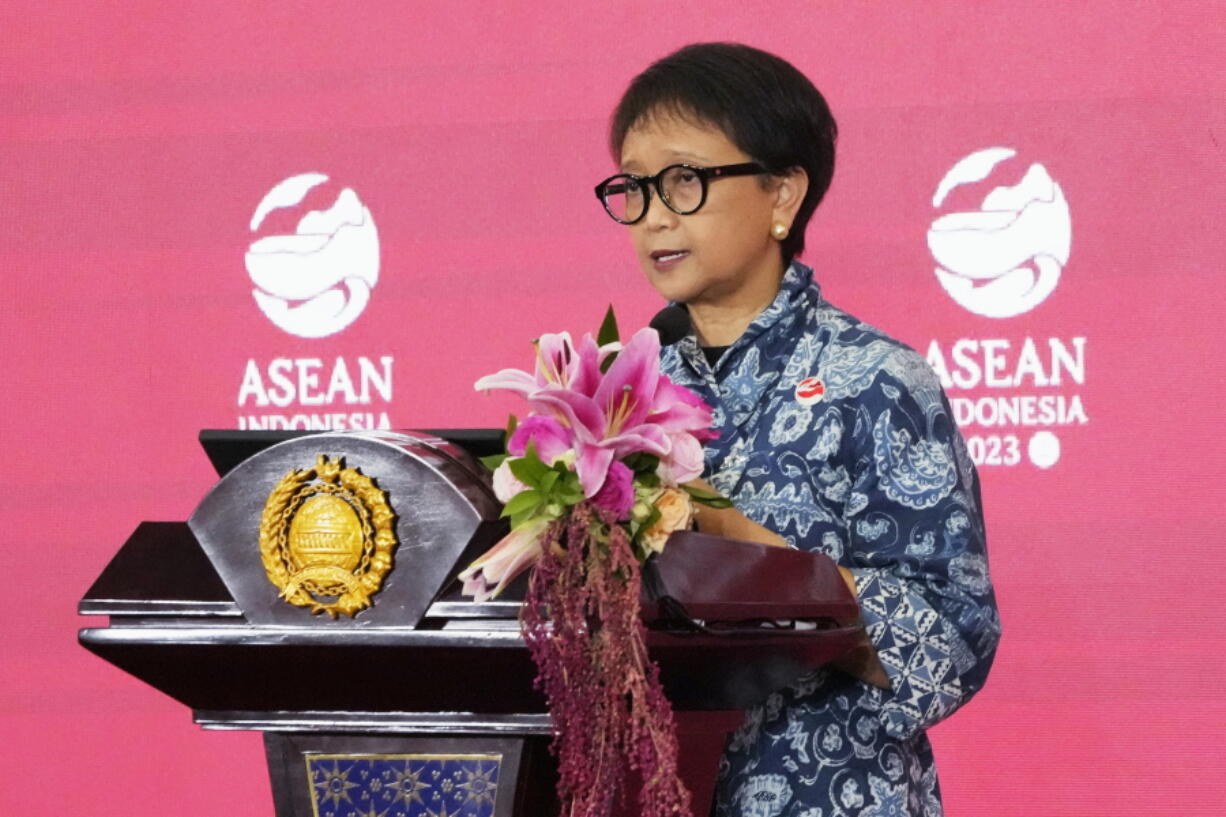 Indonesian Foreign Minister Retno Marsudi speaks during a news conference of the Association of Southeast Asian Nations (ASEAN) foreign ministers retreat in Jakarta, Indonesia, Saturday, Feb. 4, 2023.