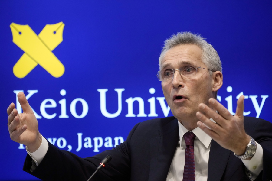 NATO Secretary-General Jens Stoltenberg answers a question from students at Keio University in Tokyo, Wednesday, Feb. 1, 2023.