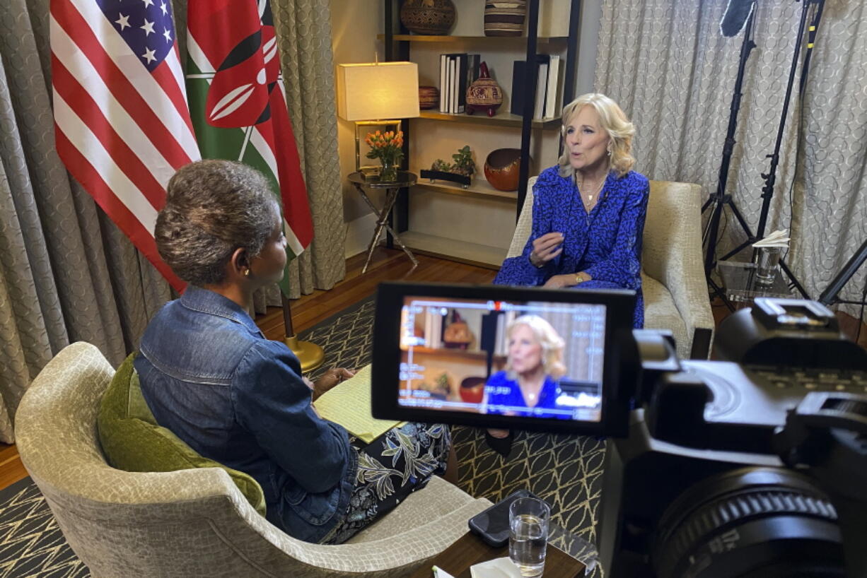 First Lady of the United States Jill Biden speaks during an interview with Associated Press White House reporter Darlene Superville in Nairobi, Kenya, Friday, Feb. 24, 2023. Biden told The Associated Press in the exclusive interview that she feels a kinship with Africa during her sixth visit to the continent.