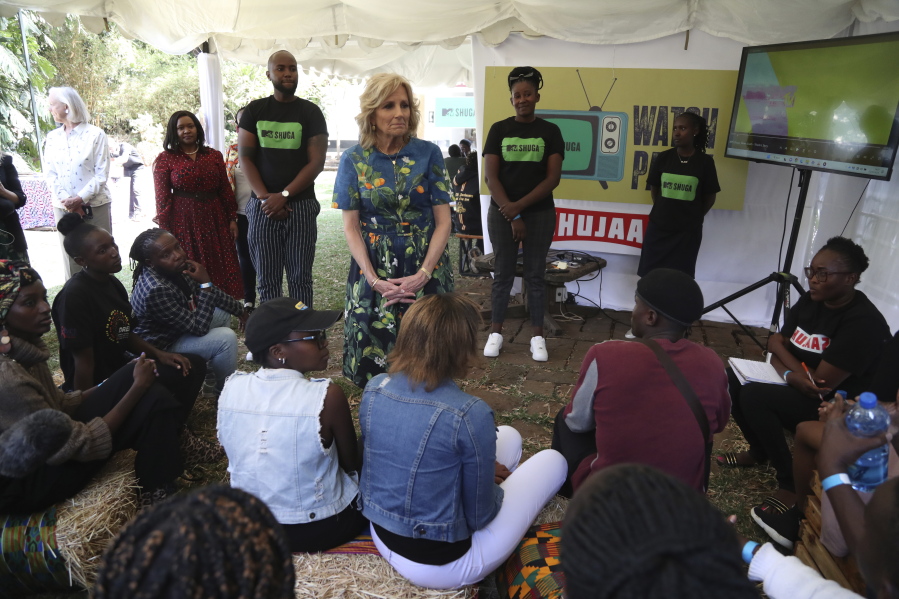 US first lady Jill Biden, centre, meets youth at Village Creative in Nairobi, Kenya, Saturday, Feb. 25, 2023. Biden is in Kenya on the second and final stop of her trip.