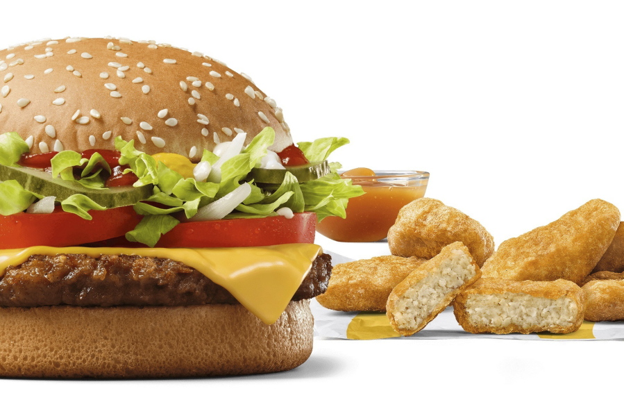 This image released by McDonald's shows the McPlant plant-based burger and and the new plant-based McPlant Nuggets. The nuggets will be available along with the burger at McDonald's restaurants in Germany starting Feb. 22.