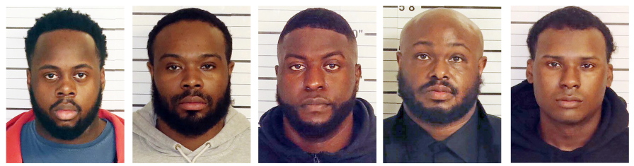 This combo of booking images provided by the Shelby County Sheriff's Office shows, from left, Tadarrius Bean, Demetrius Haley, Emmitt Martin III, Desmond Mills, Jr. and Justin Smith.  Documents obtained by The Associated Press show four of the five Memphis Police Department officers had policy violations on their record before the Jan. 7, 2023, arrest, but nothing that rises to the brutality that led to Nichols' death three days later.