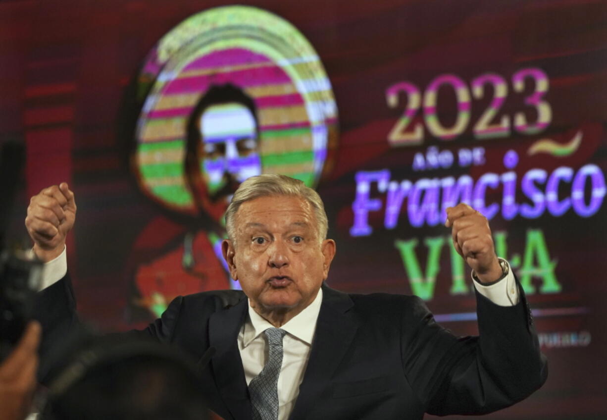 Mexican President Andres Manuel Lopez Obrador gives his regularly scheduled morning press conference, decorated with an image of Francisco "Pancho" Villa, a general in the Mexican Revolution, at the National Palace in Mexico City, Tuesday, Feb. 28, 2023.