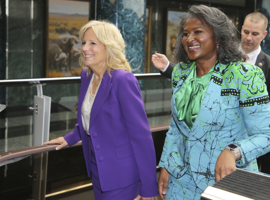 U.S. First lady Jill Biden, left, with Namibian First lady, Monica Geingos at State House in Windhoek, Namibia Wednesday, Feb. 22, 2023. Biden is in the country as part of a commitment by President Joe Biden to deepen U.S. engagement with the region.